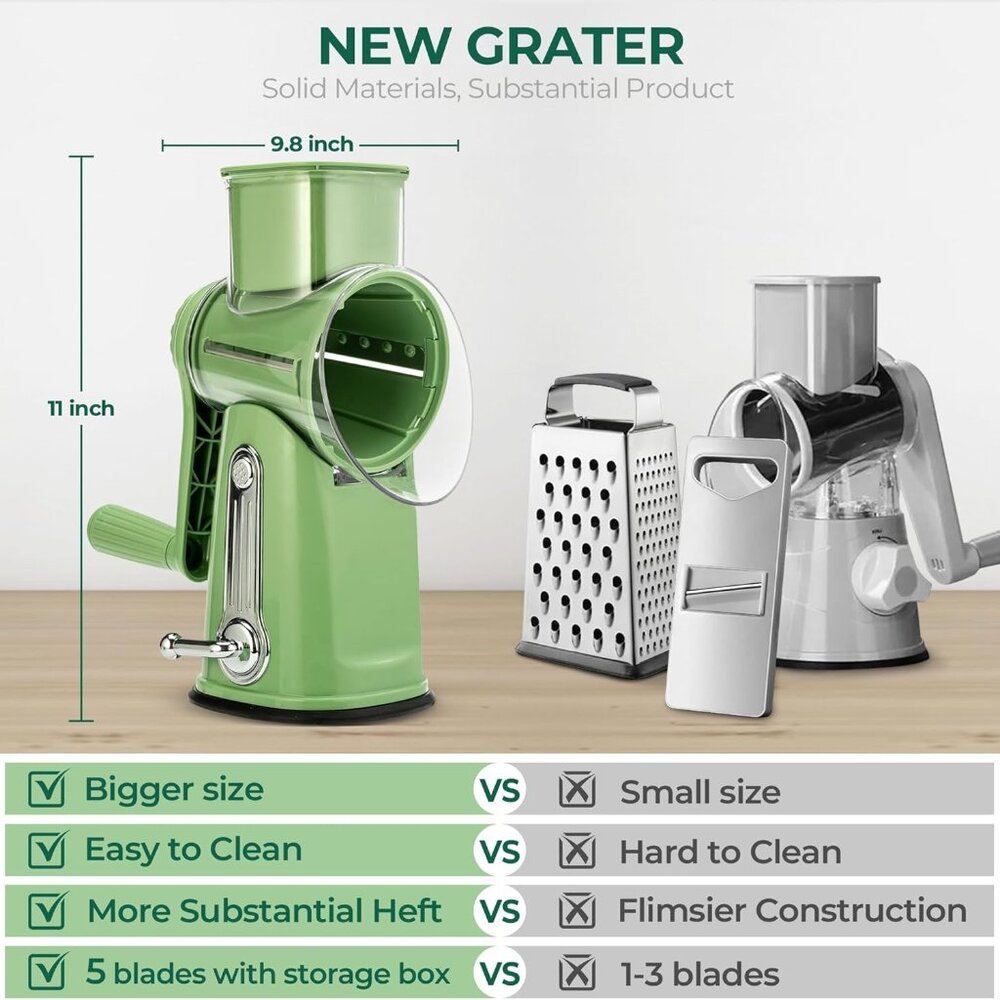 Rotary Cheese Grater w/Handle &5 Blades, Round Slicer & Vegetable Grater Green - Picture 2 of 8